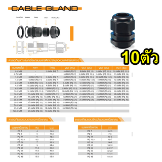 เคเบิ้ลแกน (Cable Gland) เคเบิ้ลแกลน PG PG7 - PG25 คอนเข้ากล่อง สีดำ ชุด10ตัว เลือกขนาดได้