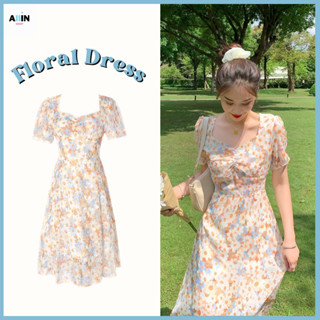 พรีออเดอร์🌼Orange Floral dress เดรสแขนสั้น เดรสยาว เสื้อผ้าสไตล์เกาหลี เดรสลายดอกไม้