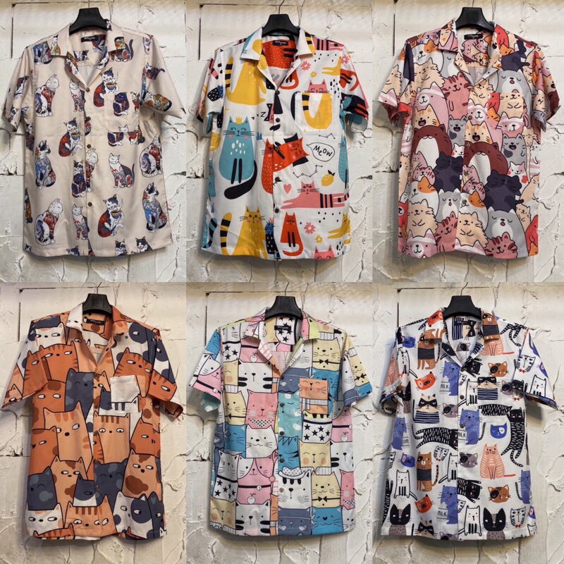 เสื้อฮาวายลายแมว cat hawaii ไซส์ m l xl 2xl 3xl 4xl ผ้าไหมซาตินอิตาลี่ % ผ้านิ่มสวมใส่สบายไม่ร้อน ใส่ได้ทั้งชายและหญิง
