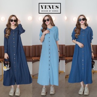 📌Jeans MaxiDress แม๊กซี่เดรสคอบัว แต่งระบาย ทรงปล่อยๆ