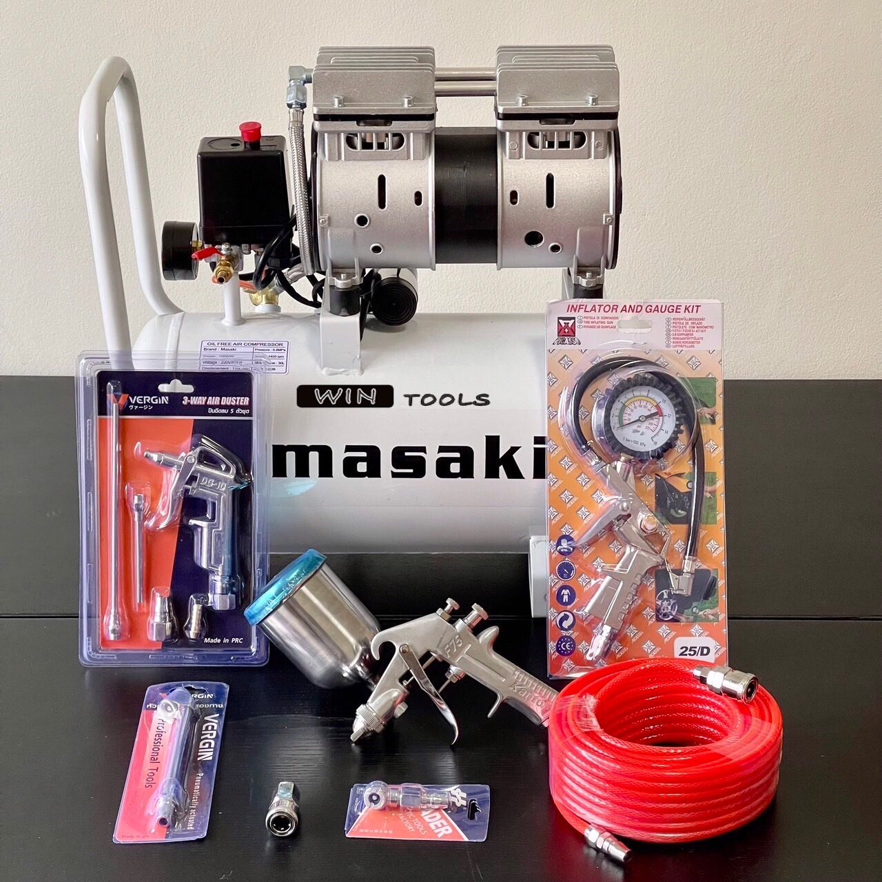 **รับประกัน 1 ปีเต็ม** Masaki 30L ปั๊มลม ปั๊มลมออยฟรี(อัพเกรด 1,000 W) +อุปกรณ์ 6 อย่าง + กาพ่นสี KANTO กระป๋อง (บน)