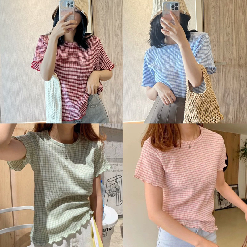 [O5N] ❌ ไม่ต้องรีด❌ plaid T-shirt เสื้อยืดคอกลมลายสก็อต ผ้ายืด ใส่สบายๆ ไม่บาง
