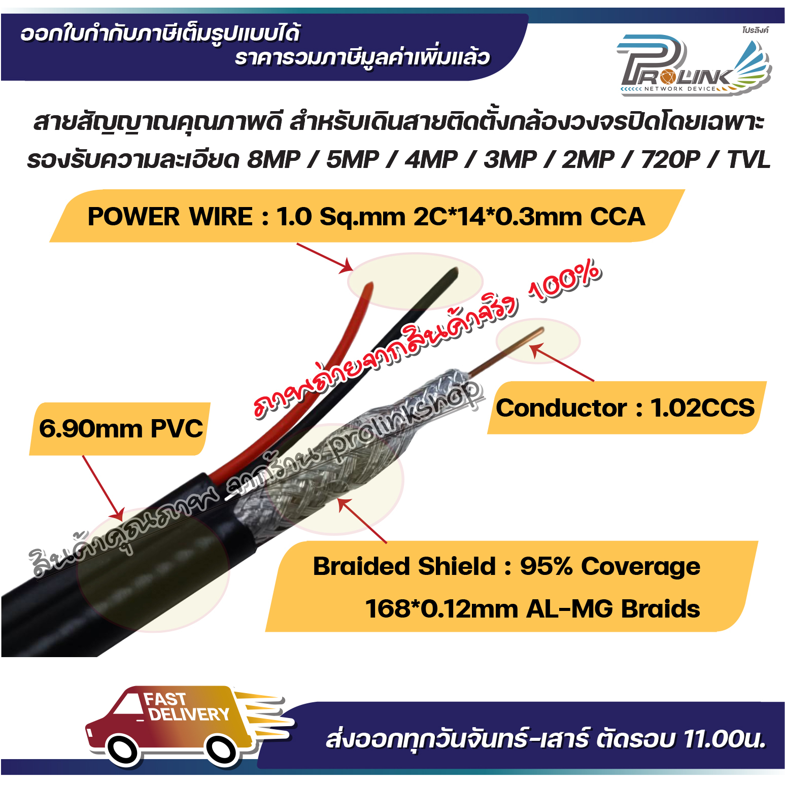 ส่งไว สาย RG6 Power พร้อมเข้าหัว สายกล้องวงจรปิด สายcctv  ยาว 5 เมตร - 50 เมตร จากร้าน prolinkshop