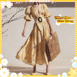 Yellow Flower Maxi Dress เดรสลายดอกไม้ โทนสีเหลือง แขน3ส่วน เดรสคอวีลายดอกไม้ งานป้ายbeidi เดรสลายดอกไม้ เดรสกระโปรง