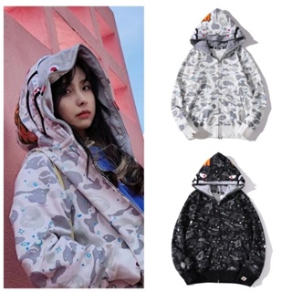 L ดำ ลด พร้อมส่ง 2 ฮู๊ด BAPE camouflage luminous shark double hood sweater hoodie