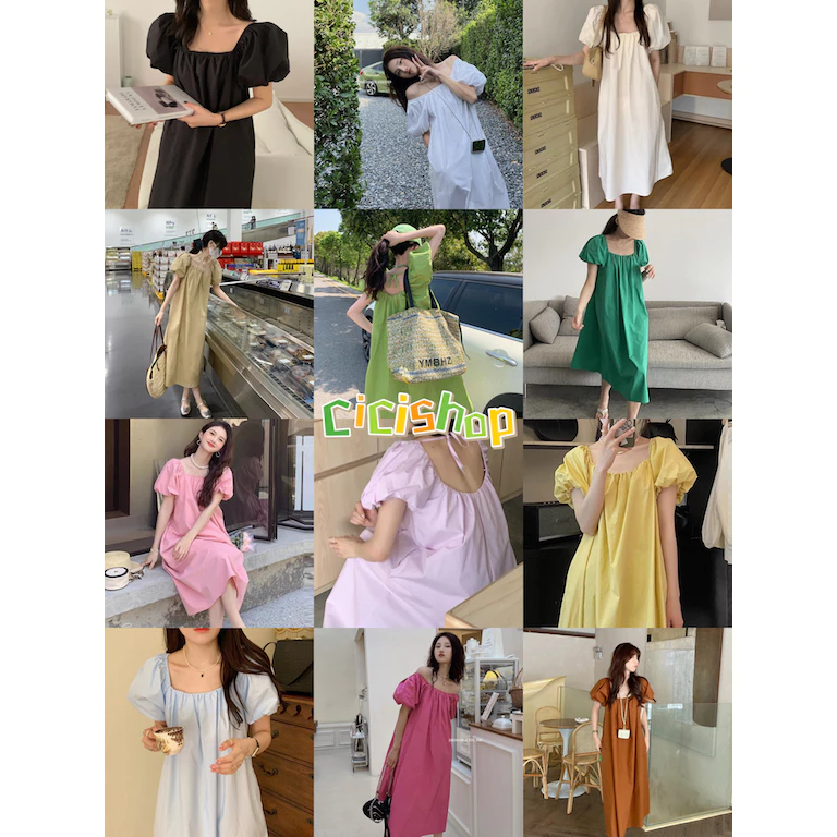 Cicishop(C3091)เดรสยาวผ้าคอตตอนแขนพอง ดีเทลเว้าหลังลุคคุณหนูแอบแซ่บ