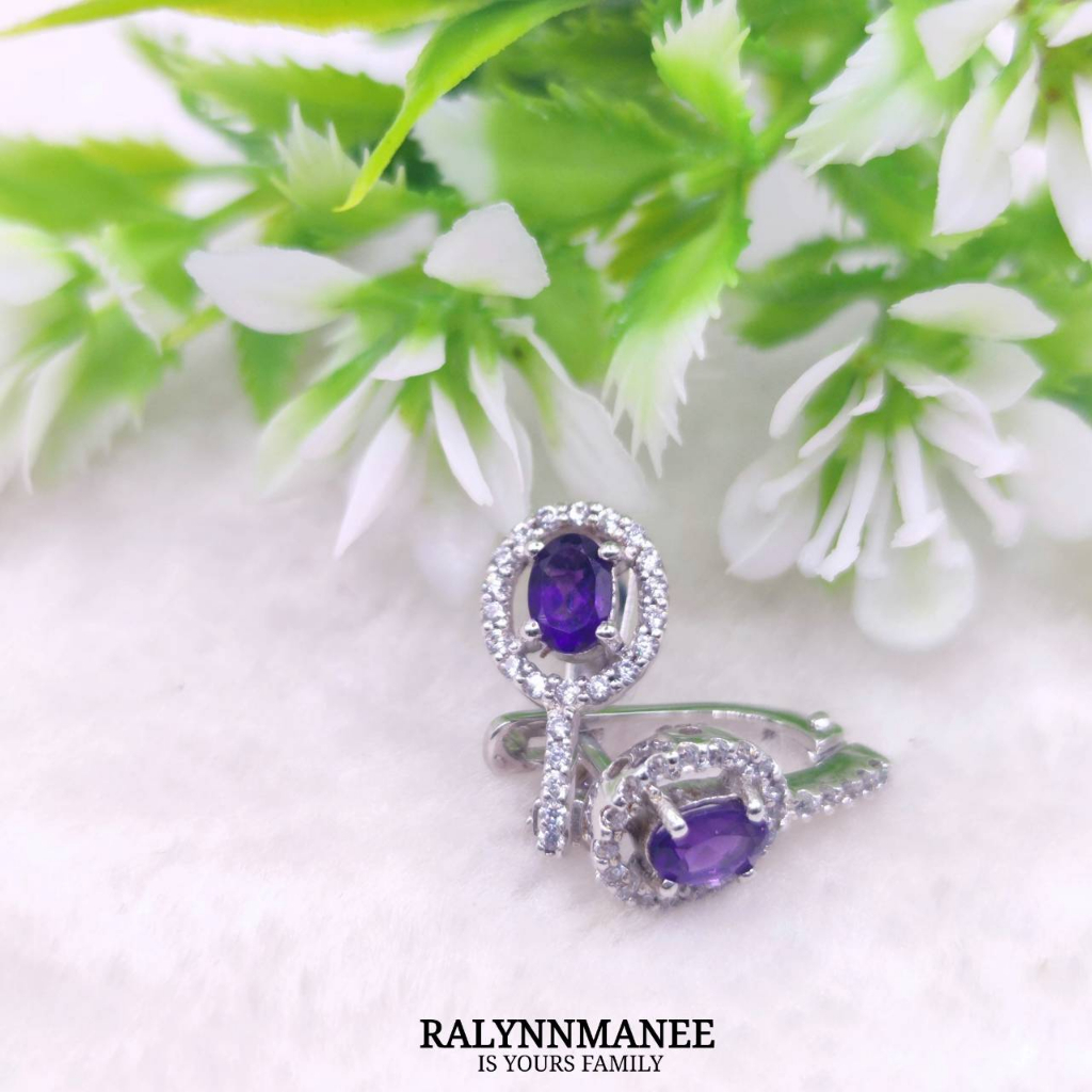 N6425 ต่างหูพลอยอเมทิสต์แท้  ( Natural Amethyst ) แบบอิงลิชล็อค ตัวเรือนเงินแท้925 ชุบทองคำขาว