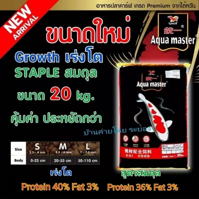 Aqua Master ขนาดใหม่ สูตรสมดุล (Staple) และสูตรเร่งโต (Growth) ขนาด 20 kg. คุ้มค่า ประหยัดคุ้ม อาหารใหม่ Exp. 2026