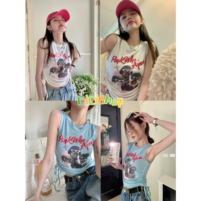 SALE 8.8 Cicishop(WK922)เสื้อแขนกุด ทรง Crop Top ดีเทลด้านข้างรูดปรับเชือกได้ ลายน้องสุนัข น่ารักมากกก