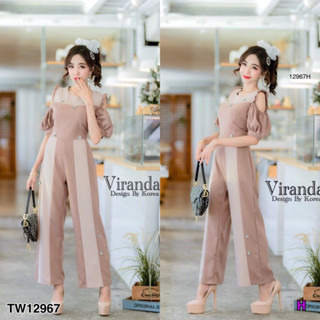 MM12967 จั๊มสูทขายาว เปิดไหล่ ติดเลื่อมดอกเพชร Long-sleeved jumpsuit with open shoulders