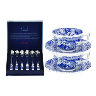 Blue Italian 2 Teacups and Saucers with  set of Spoons