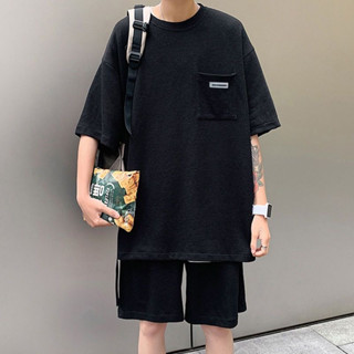ชุดเซ็ทเสื้อยืด + กางเกงขาสั้น ทรงโอเวอร์ไซต์ สไตล์เกาหลี มิ นิมอล ผ้านุ่ม ใส่สบาย