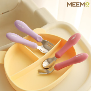MEEM ชุดช้อนส้อมสแตนเลส ฝึกทานอาหารเด็ก ด้ามจับซิลิโคน ช้อนส้อมเด็ก รุ่น first step
