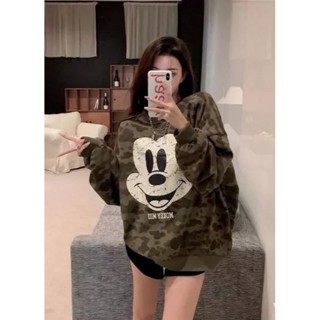 พร้อมส่ง เสื้อสเวตเตอร์แขนยาวMickey ลายพรางเป็นผ้า cotton ผสมผ้าสำลีงานเท่ๆคูลๆมีสีเดียว