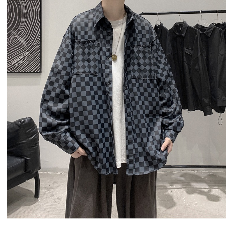 พร้อมส่ง CTA9646 เสื้อเชิ้ตลายสก๊อตคอปกแขนยาวผู้ชาย เสื้อกระดุมหน้าโอเวอร์ไซส์สไตล์สตรีทฮ่องกงวินเทจแฟชั่นลำลอง ทรงหลวม