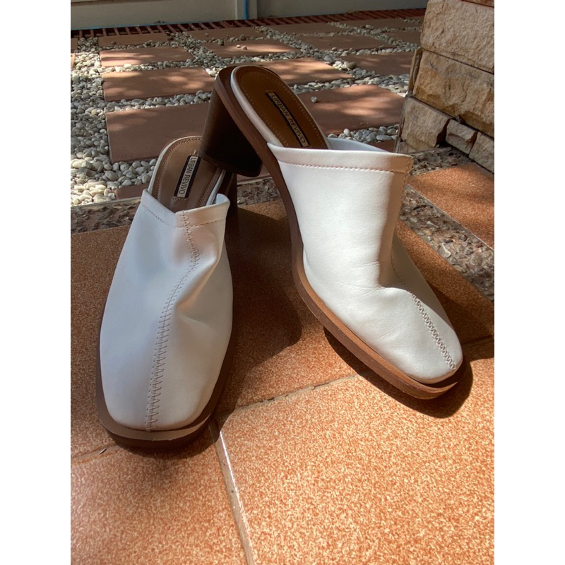 Urban Revivo white mules with wooden heels
