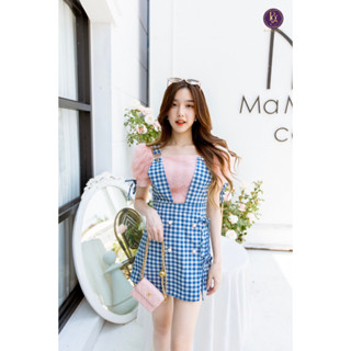 BONIGA Set เซ็ตเสื้อกับเอี๊ยม  เสื้อผ้าลูกไม้สีโอรส แขนพอง คอเหลี่ยม เอี๊ยมลายตาราง