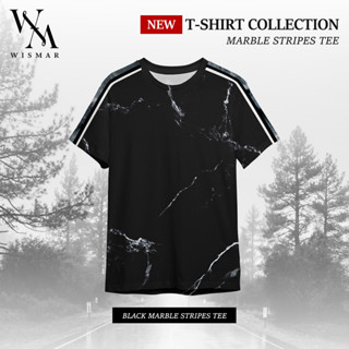 เสื้อยืดลายหินอ่อนสีดำตกแต่งแถบแขน (New Black Marble) :Black Marble Striped Tee (Short-Sleeve)