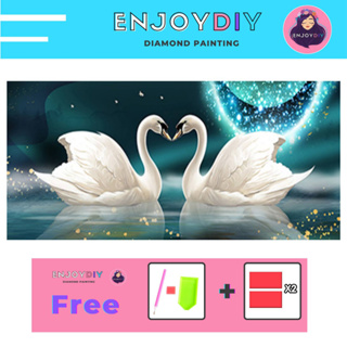 ครอสติสคริสตัล 5d diy diamond painting แบบเม็ด ลาย หงส์ขาวคู่ ติดเต็ม เม็ดกลม EnjoyDIY พร้อมส่งจากไทย