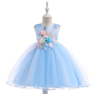 ชุดราตรีเด็ก ชุดเดรสเด็ก สีฟ้า ประดับดอกไม้ กระโปรงฟูๆBlue baby dress,Baby blue evening dress ชุดการแสดงวันแม่สีฟ้า