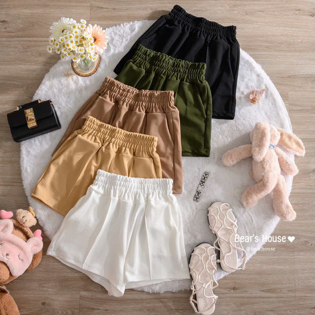 Short Pants กางเกงขาสั้น ผ้าวูลเวฟ ดีเทลเอวสม็อค มีกระเป๋าข้าง
