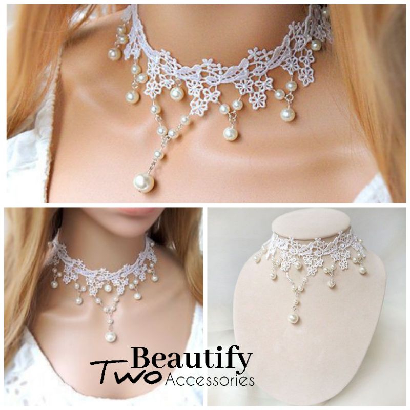 สร้อยคอแบบโช้คเกอร์ลูกไม้สีขาวสไตล์โกธิควินเทจสวยหวาน