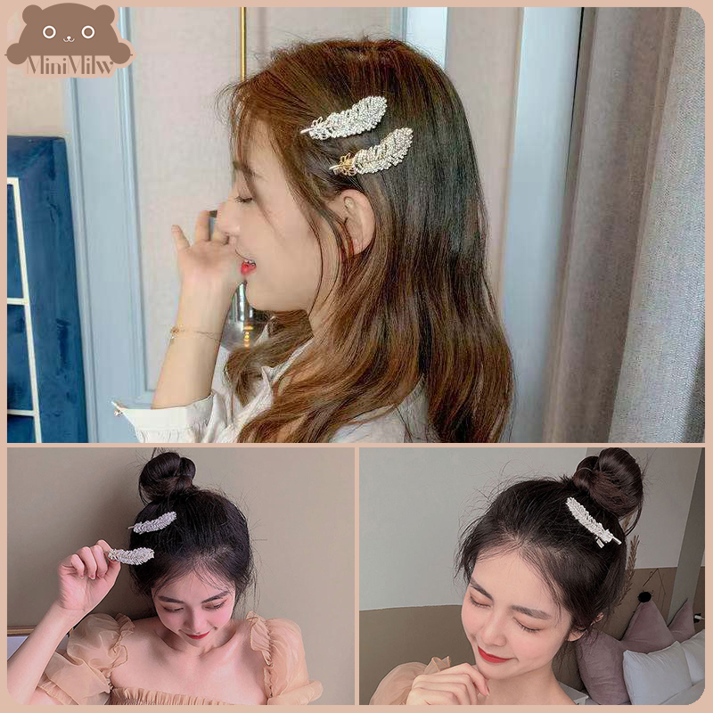 [พร้อมส่ง] กิ๊บติดผมขนนก ประดับเพชร น่ารักสไตล์เกาหลี หรูหราใส่ออกงานได้ มี 2 สี ทอง เงิน : MiniMilwʕ•ᴥ•ʔ