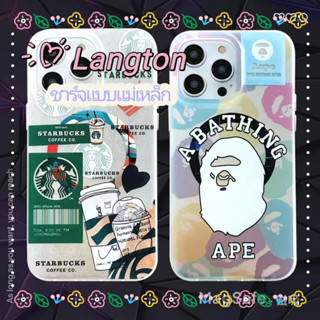 🌈Langton🌸ชาร์จแบบแม่เหล็ก coffee สติกเกอร์ iphone 11 14 pro max โปร่งแสง ขอบเต็ม case for iPhone 12 13