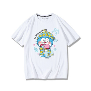 Doraemon เสื้อยืดอะนิเมะชายและหญิงอินเทรนผ้าฝ้ายแท้การ์ตูนอะนิเมะโดราเอมอนโดราเอมอนเสื้อยืดแขนสั้น