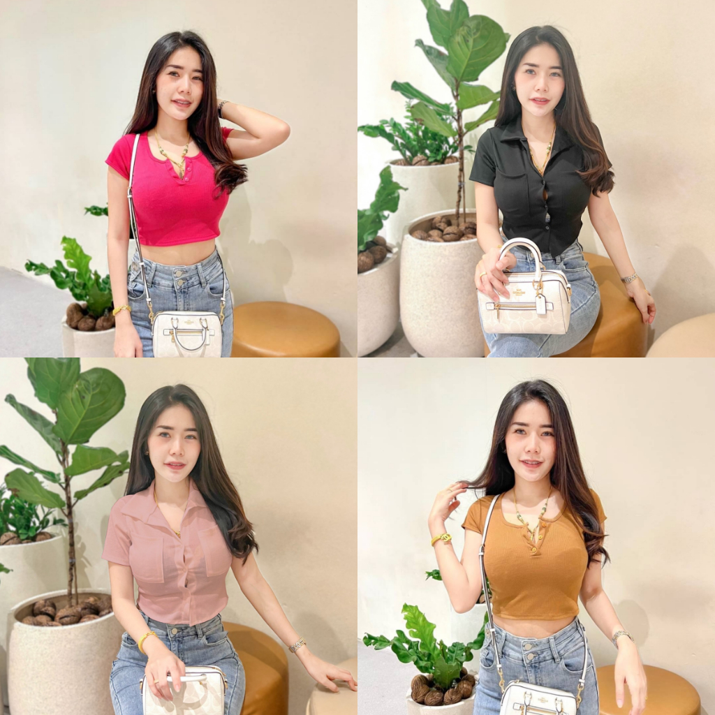 SpinnyHouse เสื้อครอป CROPTOP แต่งกระดุมหน้า แขนสั้น ผ้ายืดใส่สบายไม่ร้อน ผ้าร่องเล็ก เสื้อgg เพียว P201C