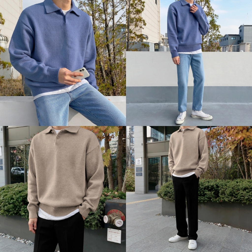 เสื้อคอปกโปโลไหมพรม แขนยาว รุ่นมีกระดุม 2 เม็ด ผ้าหนาไม่บาง สไตล์เกาหลี C45