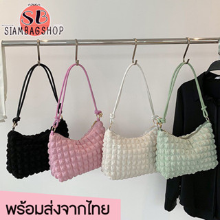 SIAMBAGSHOP(S1880) กระเป๋าสะพายไหล่ผ้าย่น เป็นสายหนัง สไตล์เกาหลี