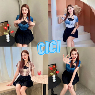 Cici(NO.J627)เซ็ท2ชิ้น เสื้อสายเดี่ยวคล้องคอ+เสื้อคลุมแขนสั้น ลายมัดย้อมสไตล์ Y2K