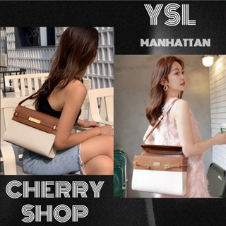 🍒Saint Laurent MANHATTAN SHOULDER BAG IN CANVAS AND LEATHER YSL ผู้หญิง/กระเป๋าสะพายข้าง/กระเป๋าสะพาย