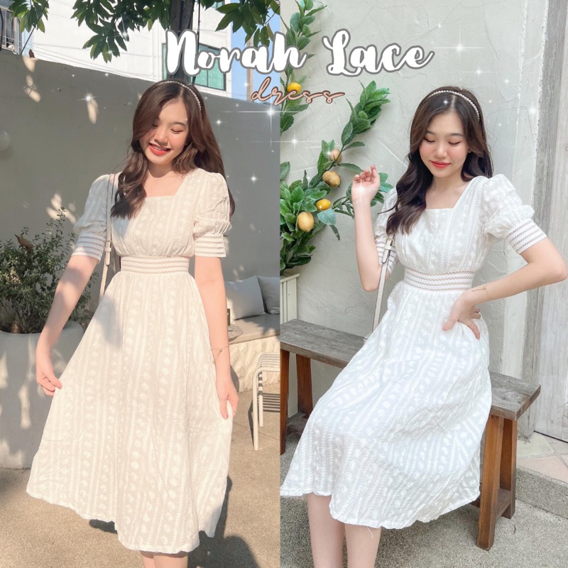 ✨พร้อมส่ง ♡︎Norah lace dress⁣♡︎⁣ ชุดเดรสสีขาว ลายปักดอกไม้ มีซิบหลัง ชุดลูกไม้ ชุดไปทำบุญ