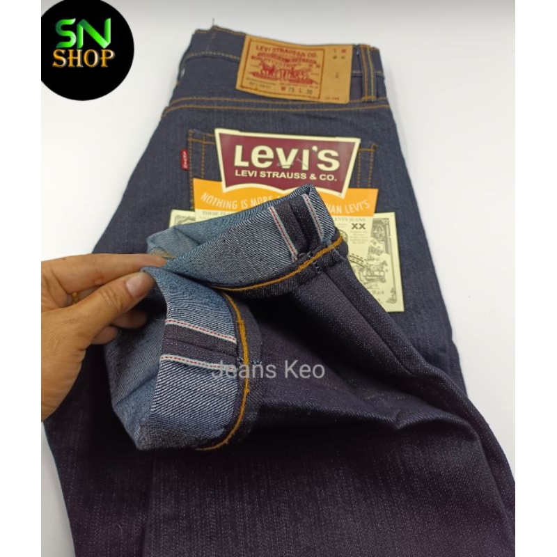 กางเกงยีนส์ Jeans กระบอกริมแดงไม่ยืดสีมิดไนท์และสียีนส์