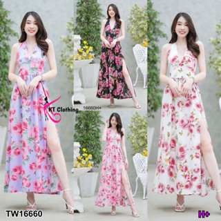 J16660 Dress ยาวผ่าหน้า เอวสม๊อค สายผูกคอ Long dress with front split, smocked waist, neck strap