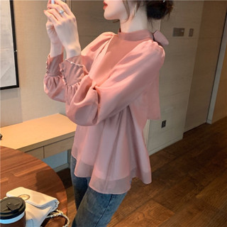 New ขายดีมาก!! เสื้อแฟชั่น ผู้หญิง แขนยาว คอปีน ผ้าชีฟอง สวยหรู ใส่ออกงาน มีซับใน รุ่น โบว์หลัง ชมพู