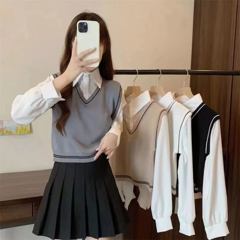 DODO*พร้อมส่ง🌺เสื้อเชิ้ตแขนยาวพร้อมเสื้อกั๊กเรียบหรูลุคคุณหนูสุดๆ ให้ฟีลนักเรียนเกาหลี สายเกาหลีเกาใจต้องตำ(03015-5)