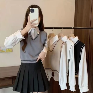 DODO*พร้อมส่ง‍🌺เสื้อเชิ้ตแขนยาวพร้อมเสื้อกั๊กเรียบหรูลุคคุณหนูสุดๆ ให้ฟีลนักเรียนเกาหลี สายเกาหลีเกาใจต้องตำ（03015-5）