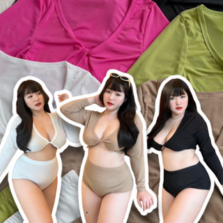 ชุดว่ายน้ำแขนยาว แต่งอกม้วนบิด plus size ใส่สบาย