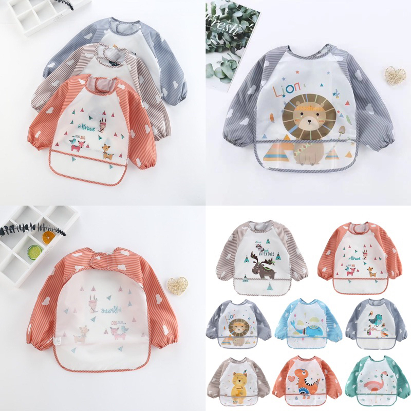 เสื้อกันเปื้อน แขนยาวสำหรับเด็ก กันน้ำ มีช่องรองอาหาร ใส่ง่าย ผ้ากันเปื้อนเด็ก