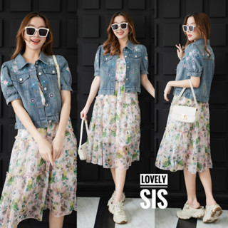 🌈🌿🌸🌺🌼💙💚💖🇰🇷Jeans Embroidery Jacket&amp; Floral SGL Chiffon Dress Set