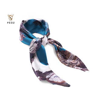 PEDZ ผ้าพันคอไหมซาตินพรีเมี่ยมพิมพ์ลายเสือ&amp;นกกระเรียนสีน้ำเงิน Blue Tiger&amp;Crane Silk Satin Premium Scarf