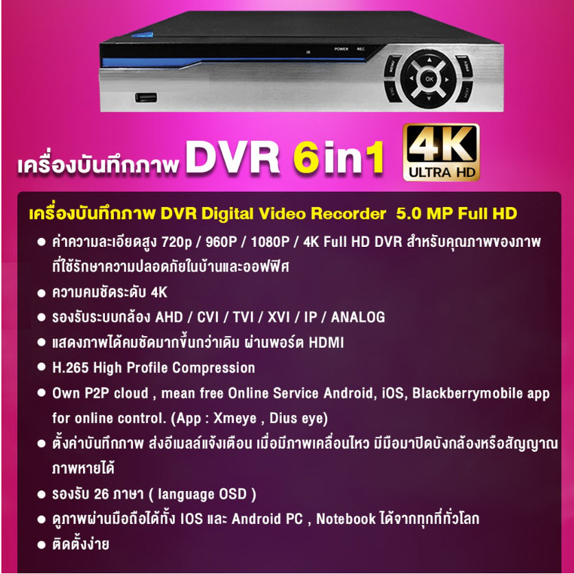 DVR เครื่องบันทึกภาพ 5 ล้านพิกเชล 5MP DVR 4K 4CH Digital Video Recorder 6 in 1  (App : XMeye)