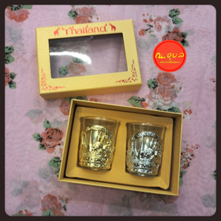 🥃🥂🍻แก้วเป๊ก Glass pek แก้วช็อตหุ้มโลหะลายไทย Souvenir thailand🥃🥂🍻