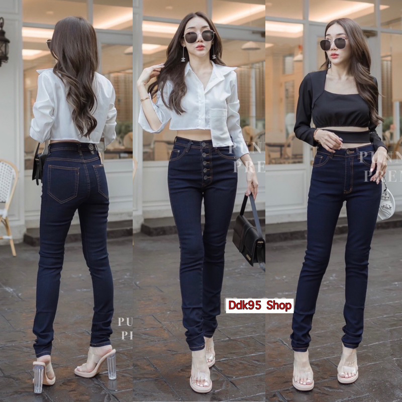 กางเกงยีนส์ขาเดฟ สีเข้มผ้าเนียน ผ้ายืดเอวสูง มีถึงBig Sizeป้าย punny jeans