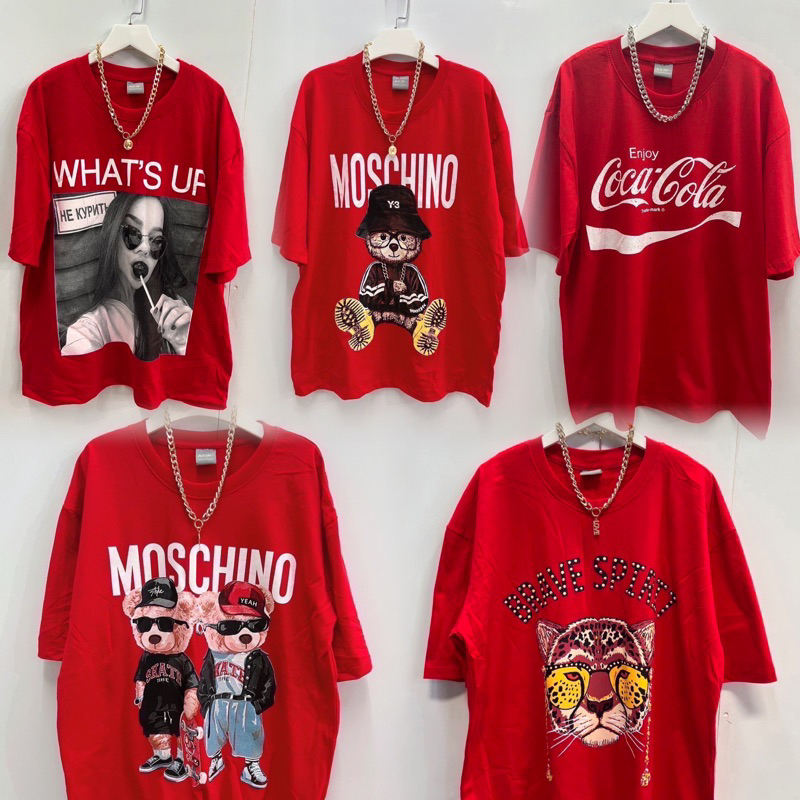 STF_SHOP เสือยืด แขนสั้น คอกลม เสื้อสีแดงต้อนรับปีใหม่ อก44-46 ยาว 29 ใส่ได้ทั้งหญิง-ชาย