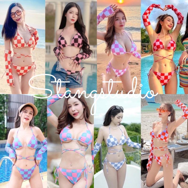 bikini ลายตาราง พร้อมปอกแขน ผ้าว่ายน้ำ มีฟองน้ำ ซีบในทั้งตัว พร้อมส่ง brand:stang studio