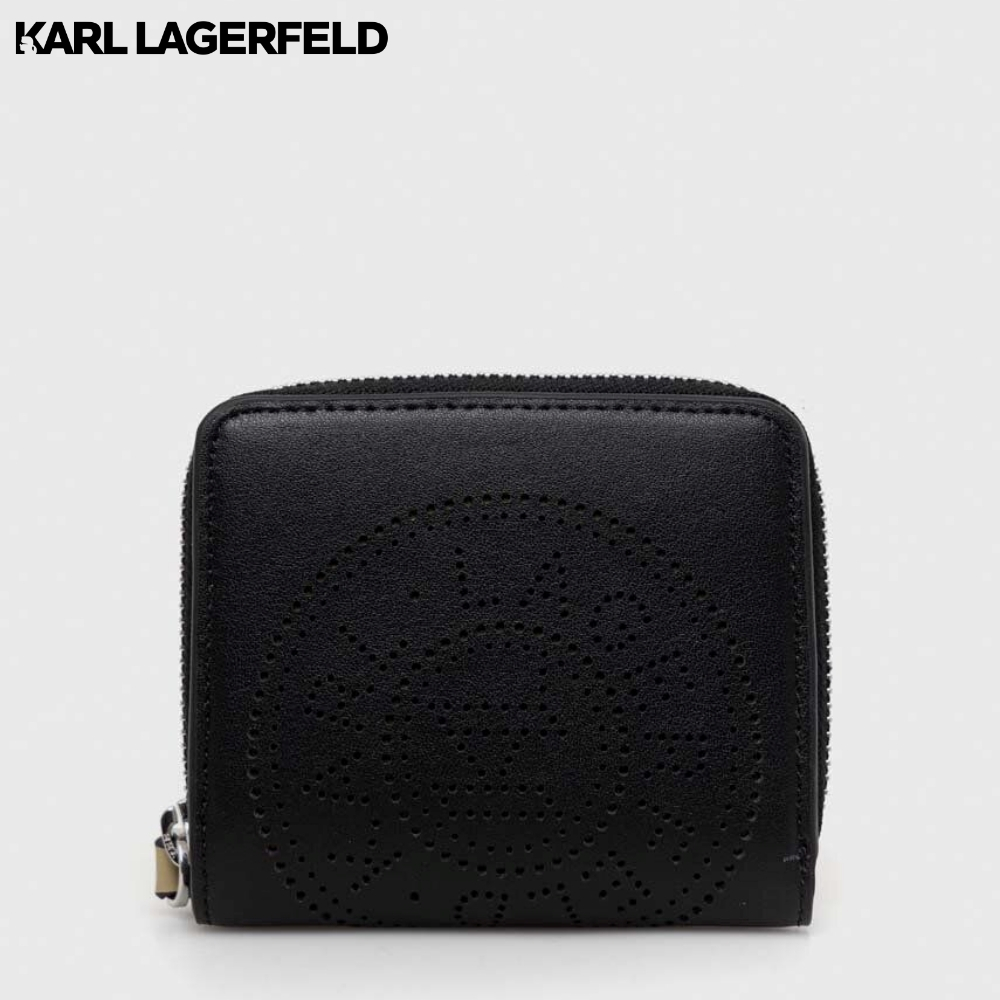 KARL LAGERFELD - K/CIRCLE SMALL FOLD ZIP WALLET PERFORATED LOGO BLACK 231W3219 กระเป๋าสตางค์